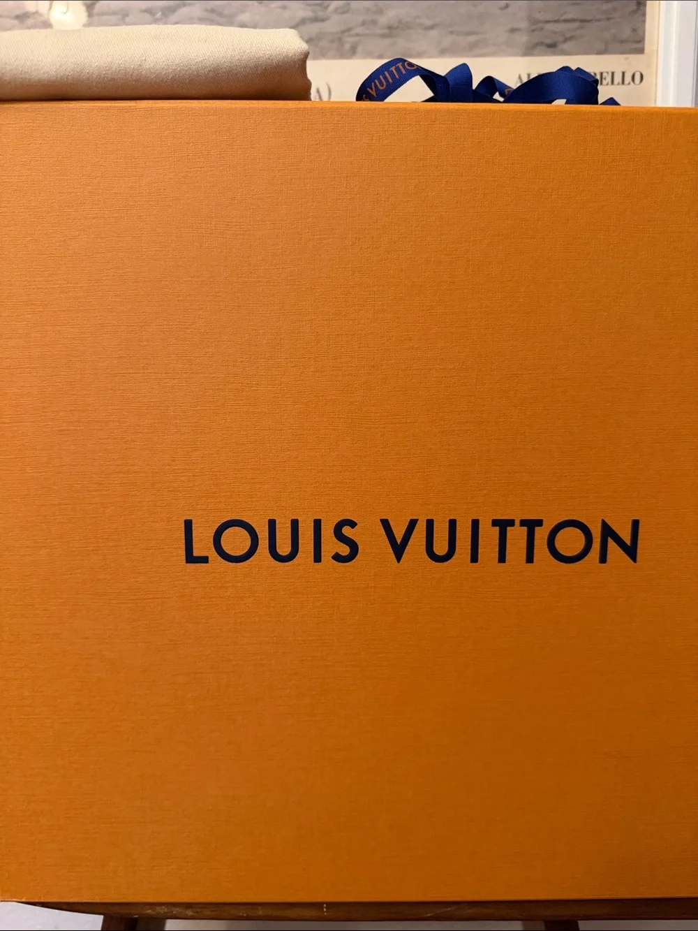 Louis Vuitton Large Orange Box with Cream Dust Bag and Blue Ribbon